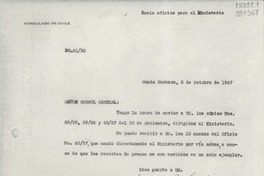 [Oficio] N° 6120, 1947 oct. 5, Santa Barbara, [Estados Unidos] [al] Señor Cónsul General de Chile en Nueva York