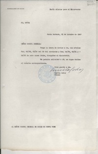 [Oficio] N° 6721, 1947 oct. 31, Santa Barbara, [Estados Unidos] [al] Señor Cónsul General de Chile en Nueva York
