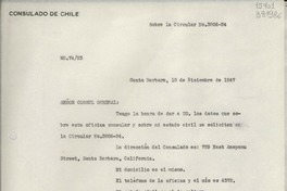 [Oficio] N° 7423, 1947 dic. 18, Santa Barbara, [Estados Unidos] [al] Señor Cónsul General de Chile en Nueva York