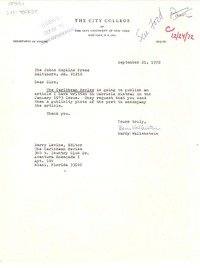 [Carta] 1972 sep. 21, [New York, Estados Unidos] [a] , The Johns Hopkins Press, Baltimore, Maryland, [Estados Unidos]