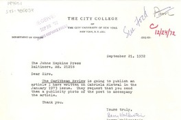 [Carta] 1972 sep. 21, [New York, Estados Unidos] [a] , The Johns Hopkins Press, Baltimore, Maryland, [Estados Unidos]