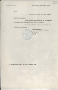 [Oficio] N° 73, 1948 feb. 16, Santa Barbara, [Estados Unidos] [al] Señor Cónsul General de Chile en Nueva York