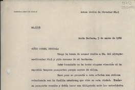 [Oficio] N° 175, 1948 mar. 5, Santa Barbara, [Estados Unidos] [al] Señor Cónsul General de Chile en Nueva York