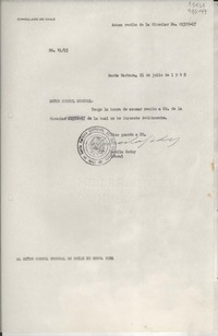 [Oficio] N° 4113, 1948 jul. 21, Santa Barbara, [EE.UU.] [al] Señor Cónsul General de Chile en Nueva York, [EE.UU.]