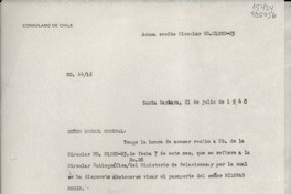[Oficio] N° 4416, 1948 jul. 21, Santa Barbara, [EE.UU.] [al] Señor Cónsul General de Chile en Nueva York, [EE.UU.]