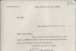 [Oficio] N° 4820, 1948 jul. 21, Santa Barbara, [EE.UU.] [al] Señor Cónsul General de Chile en Nueva York, [EE.UU.]
