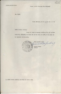 [Oficio] N° 6322, 1948 ago. 15, Santa Barbara, [EE.UU.] [al] Señor Cónsul General de Chile en Nueva York, [EE.UU.]