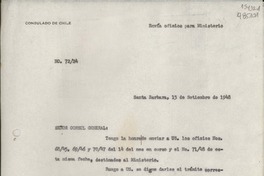 [Oficio] N° 7224, 1948 sept. 15, Santa Barbara, [EE.UU.] [al] Señor Cónsul General de Chile en Nueva York, [EE.UU.]