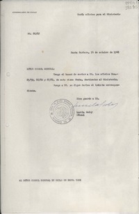 [Oficio] N° 8827, 1948 oct. 14, Santa Barbara, [Estados Unidos] [al] Señor Cónsul General de Chile en Nueva York