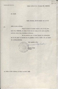 [Oficio] N° 8928, 1948 oct. 22, Santa Barbara, [Estados Unidos] [al] Señor Cónsul General de Chile en Nueva York