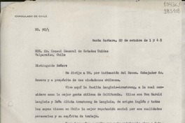 [Oficio] N° 901, 1948 oct. 29, Santa Barbara, [Estados Unidos] [a] Hon. Sr. Cónsul General de Estados Unidos, Valparaíso, Chile