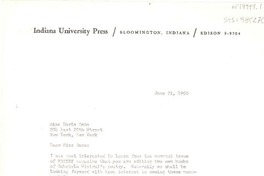 [Carta] 1960 jun. 21, [Bloomington, Indiana, Estados Unidos] [a] Doris Dana, New York, [Estados Unidos]