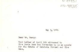 [Carta] 1961 may 3, [New York, Estados Unidos] [a] Bernard B. Perry, con copia a Doris Dana, Bloomingston, Indiana, [Estados Unidos]