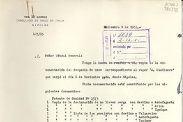 [Oficio] N° 12315, 1951 dic. 4, Nápoles, [Italia] [al] Señor Cónsul General de Chile en Génova, [Italia]