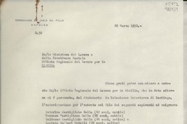 [Oficio] N° 30, 1952 mar. 26, Nápoles, [Italia] [al] Ministro del Lavoro o della Previdenza Sociale, Ufficio Regionale del Lavoro per la Sicilia, [Italia]