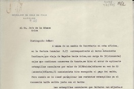 [Oficio] N° 65, 1952, Nápoles, [Italia] [al] Sr. Jefe de la Aduana, Arica, [Chile]