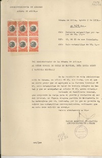 [Oficio] N° 48412, 1952 ago. 2, Aduana de Arica, [Chile] [al] Señor Cónsul de Chile en Nápoles, Doña Lucila Godoy (Gabriela Mistral), [Italia]