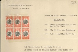 [Oficio] N° 48412, 1952 ago. 2, Aduana de Arica, [Chile] [al] Señor Cónsul de Chile en Nápoles, Doña Lucila Godoy (Gabriela Mistral), [Italia]