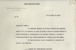 [Oficio] N° 84, 1952 jul. 15, Nápoles, Italia [a] Señora Palma Guillén de Nicolau