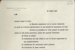 [Oficio] N° 86, 1952 luglio 15, Nápoles, Italia [a] Egregio Signor Di Nola