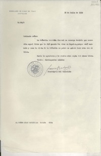 [Oficio] N° 100, 1952 jul. 18, Nápoles, Italia [al] Señor Juan Marinello, Habana, Cuba