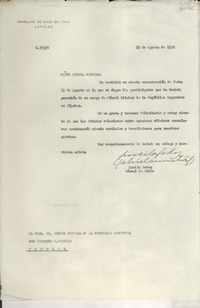 [Oficio] N° 143, 1952 ago. 19, Nápoles, Italia [al] Exmo. Sr. Cónsul General de la República Argentina, Don Fernando A. Requena, Nápoles