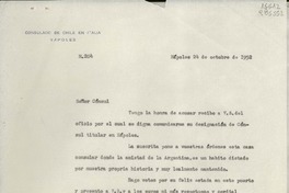 [Oficio] N° 204, 1952 oct. 24, Nápoles, Italia [al] Señor Cónsul de Argentina en Nápoles, [Italia]
