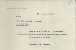 [Oficio] N° 325g, 1952 dic. 17, Nápoles, Italia [a la] Señora Isabel Cosmelli de Sotomayor, Consulado de Chile, Palma de Mallorca, [España]