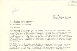 [Carta] 1950 jan. 18, Winona Lake, Indiana, [Estados Unidos] [a] Lucila Godoy Alcayaga, Los Angeles, California, [Estados Unidos]