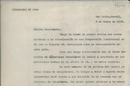 [Oficio] 1938 ene. 8, San Pablo, Brasil [a la] Señora Presidenta de la Cooperación Intelectual de Chile