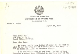 [Carta] 1960 aug. 16, Rio Piedras, Puerto Rico [a] Doris Dana, Pound Ridge, New York, [Estados Unidos]