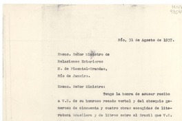 [Carta] 1937 ago. 31, Río, [Brasil] [al] Excmo. Señor Ministro de Relaciones Exteriores, M. de Pimentel-Brandao, Río de Janeiro, [Brasil]