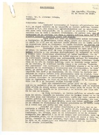[Carta] 1939 ene. 25, San Agustín, Florida, [EE.UU.] [al] Excmo. Sr. D. Abraham Ortega, Santiago, [Chile]