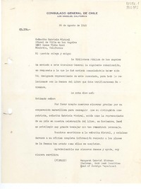 [Carta] 1946 ago. 26, Los Angeles, [Estados Unidos] [a] Señorita Gabriela Mistral, Monrovia, California