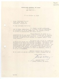 [Carta] 1946 oct. 11, New York, [Estados Unidos] [a] Srta. Gabriela Mistral, Monrovia, California