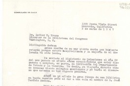 [Carta] 1947 mar. 3, 1305 Buena Vista Street, Monrovia, California, [EE.UU.] [al] Dr. Luther H. Evans, Director de la Biblioteca del Congreso, Washington, D. C., [EE.UU.]