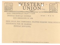 [Telegrama] 1947 mar. 7, Los Angeles, Calif., [EE.UU.] [al] Con. Chile, Gabriela Mistral, 1305 Buena Vista St., [EE.UU.]