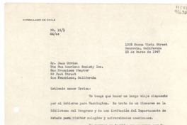 [Carta] N° 121, GM/cs, 1947 mar. 25, 1305 Buena Vista Street, Monrovia, California, [EE.UU.] [al] Sr. Juan Urriza, The Pan American Society Inc., San Francisco Chapter, 68 Post Street, San Francisco, California, [EE.UU.]