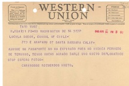 [Telegrama] 1948 abr. 14, Washington, [Estados Unidos] [a] Lucila Godoy, Cónsul de Chile, Santa Barbara