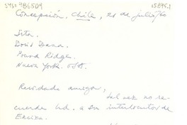 [Carta] 1960 jul. 21, Concepción, Chile [a] Doris Dana, Pound Ridge, Nueva York, USA