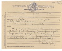 [Telegrama] 1949 jul. 27, Jalapa, [México] [a] Subsecretario Relaciones, Moneda, Santiago de Chile