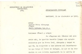 [Carta] 1949 dic. 21, Santiago, [Chile] [a] Señor Lucila Godoy Alcayaga, Cónsul Santa Barbara