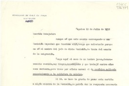 [Carta] 1952 jul. 10, Nápoles, Consulado de Chile, Nápoles, Italia [al] Señor Embajador de Chile en Roma, [Italia]