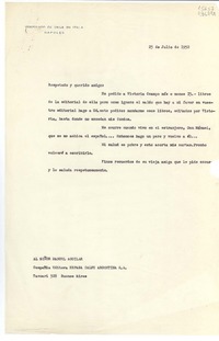 [Carta] 1952 jul. 25, Napoli, Consulado de Chile, Nápoles, Italia [al] Señor Manuel Aguilar, Compañía Editora Espasa Calpe Argentina S.A., Tacuari 328 Buenos Aires, [Argentina]