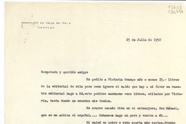 [Carta] 1952 jul. 25, Napoli, Consulado de Chile, Nápoles, Italia [al] Señor Manuel Aguilar, Compañía Editora Espasa Calpe Argentina S.A., Tacuari 328 Buenos Aires, [Argentina]