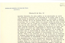 [Carta] 1952 nov. 24, Consulado General de Chile, Génova, Italia [a la] Querida Gabriela, [Nápoles], [Italia]