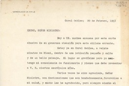 [Oficio] 1953 feb. 20, Coral Gables, Miami, [EE.UU.] [al] Excmo. Señor Ministro