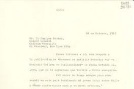 [Carta] 1955 oct. 26, New York, [Estados Unidos] [a] Sr. Enrique Bustos, Cónsul General, Chilean Consulate, 61 Broadway, New York City