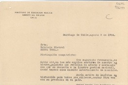 [Carta] 1954 ago. 3, Santiago de Chile [a la] Srta. Gabriela Mistral, Nueva York, [EE.UU.]