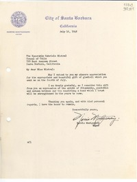 [Carta] 1948 July 16, Santa Barbara, [Estados Unidos] [a] Honorable Gabriela Mistral, Consul of Chile, 729 East Anapamu street, Santa Barbara, California